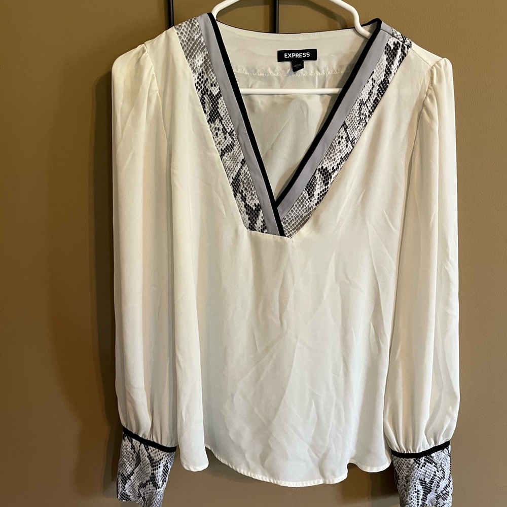 Express Women's Cream Blouse with Snake Print Trim